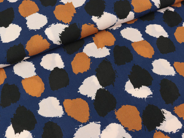 Viskose Webware Antonia Große Tupfen creme-ocker-schwarz auf Blau