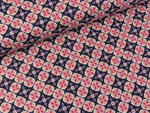 Baumwoll Webware Julia Blumen und Ornamente bunt auf Dunkelblau