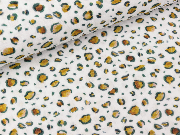 Baumwoll Double Gauze Animal Skin Leoprint bunt auf Weiß