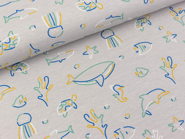 Baumwolljersey Sealife Meeresbewohner bunt auf Hellgrau