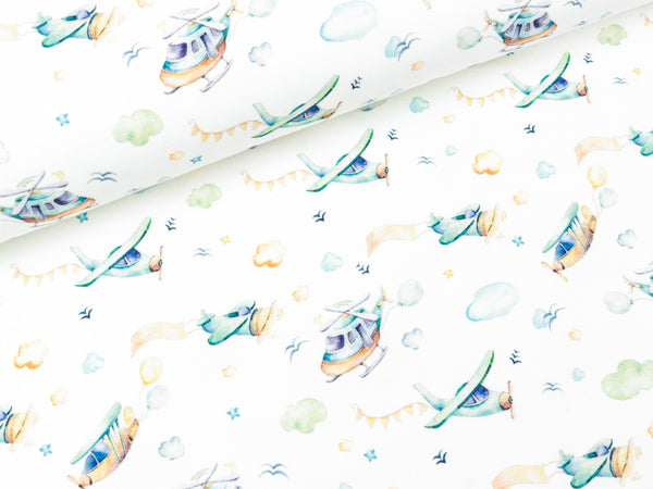 Baumwolljersey Nora Flugzeuge und Hubschrauber bunt auf Ecru