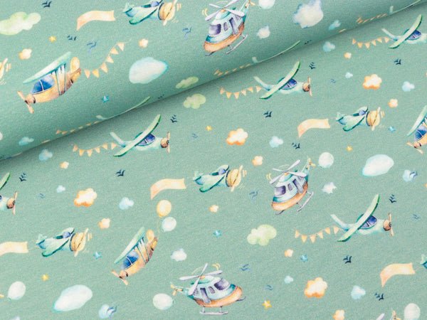 Baumwolljersey Nora Flugzeuge und Hubschrauber bunt auf Oldmint