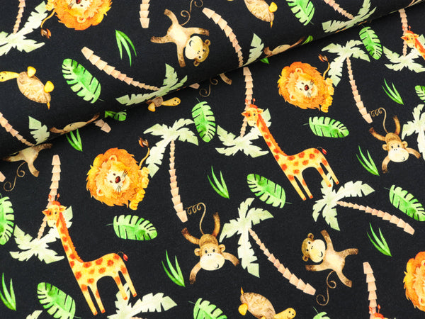 Baumwolljersey Nora Dschungeltiere auf Schwarz