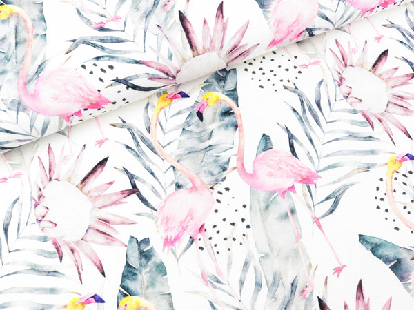 Baumwolljersey Nora Flamingozauber auf Weiß