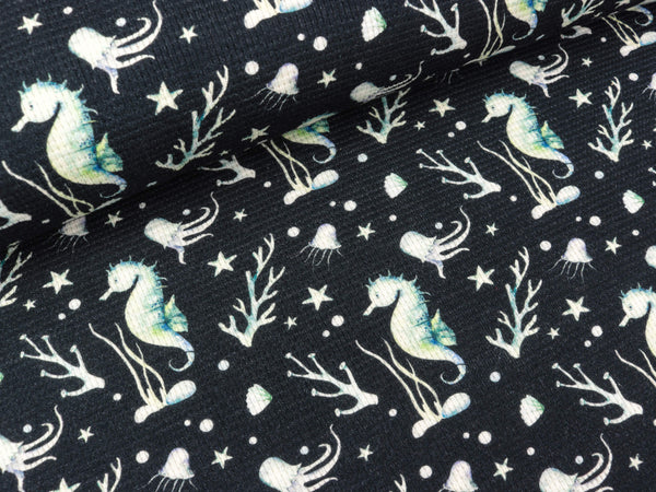 Waffeljersey Maja Unterwasserwelt Seepferdchen auf Tiefblau