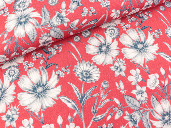 Slub Viskosejersey Merle Blumen tintenblau auf Himbeere