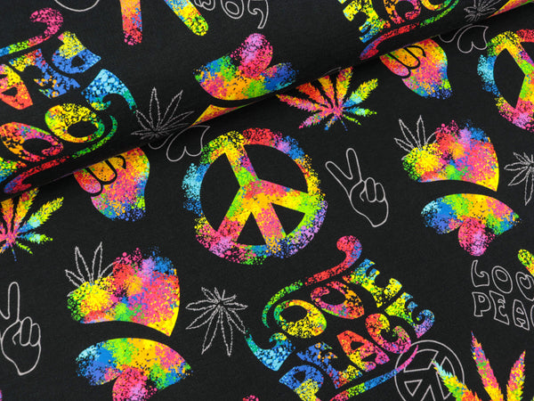 French Terry Petra Love and Peace bunt auf Schwarz