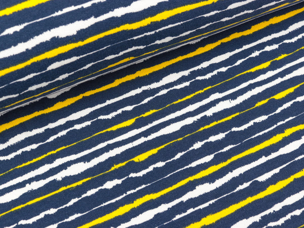 French Terry Unregelmäßige Streifen weiß-gelb-jeansblau