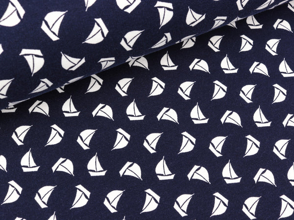 French Terry Kleine Segelschiffe weiß auf Marineblau