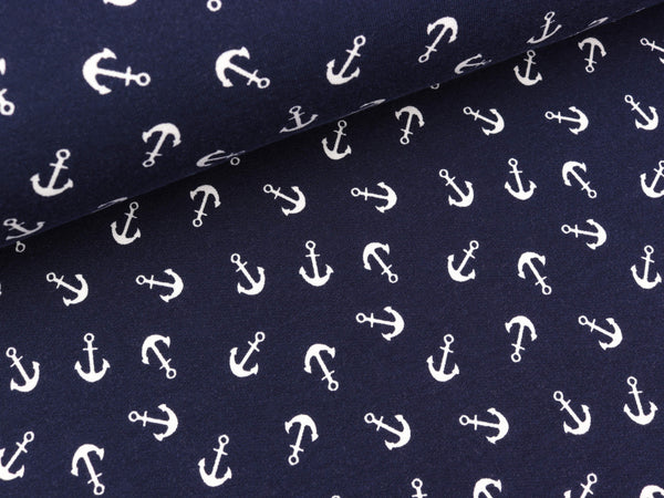 French Terry Kleine Anker weiß auf Marineblau