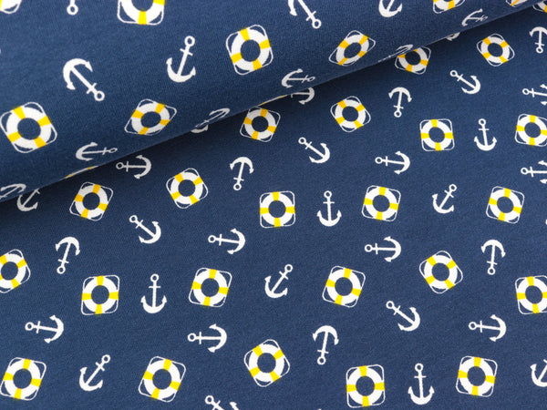 French Terry Kleine Anker und Rettungsringe auf Jeansblau