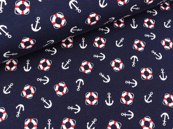 French Terry Kleine Anker und Rettungsringe auf Marineblau