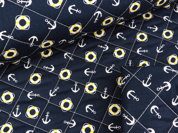 Doubleface Steppstoff Kleine Anker und Rettungsringe weiß-gelb-marineblau