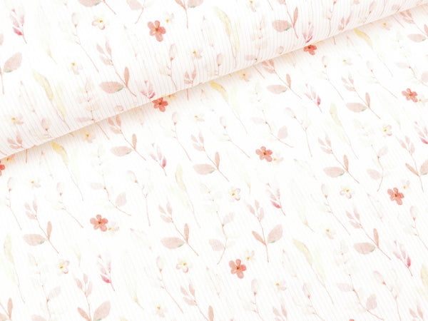 Rippjersey Mia Zarte Blüten und Blätter auf Naturweiß