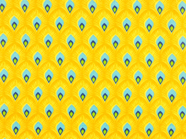 Beschichtete Baumwolle Leona Kleine Pfauenfedern bunt auf Goldgelb