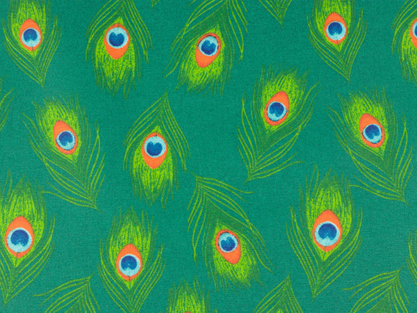 Beschichtete Baumwolle Leona Pfauenfedern bunt auf Dunkelgrün