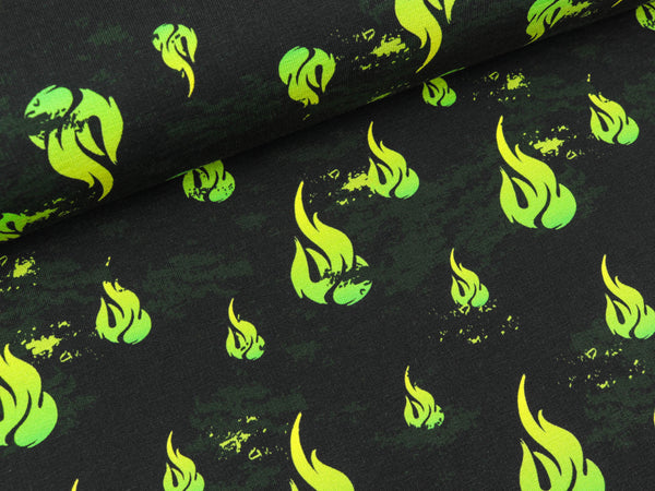 Steinbeck French Terry Mystic Dragons Flammen knallgrün auf Schwarz