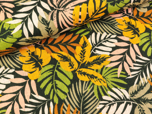 Leinenstoff Tropical Leaves bunt auf Army green