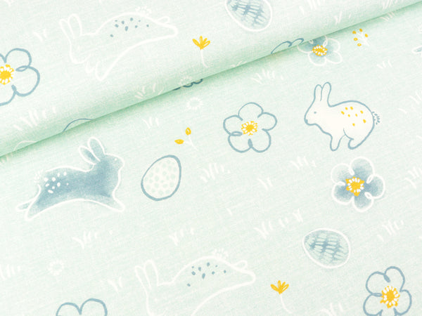 Baumwolljersey Graphic Bunny Häschen auf der Osterwiese mint schraffiert