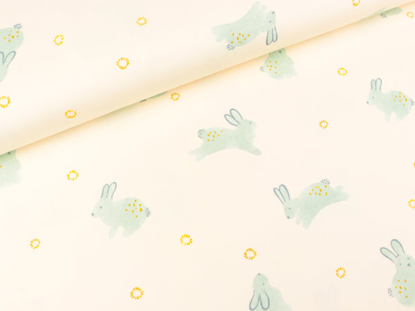 Baumwolljersey Graphic Bunny Häschen und Blümchen mint auf Creme