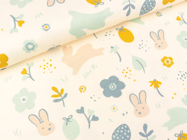 Baumwolljersey Graphic Bunny Zauberhafte Osterwiese bunt auf Creme