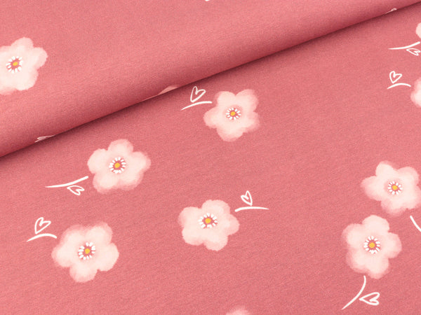 Baumwolljersey Graphic Bunny Blumen altrosa auf Indian red