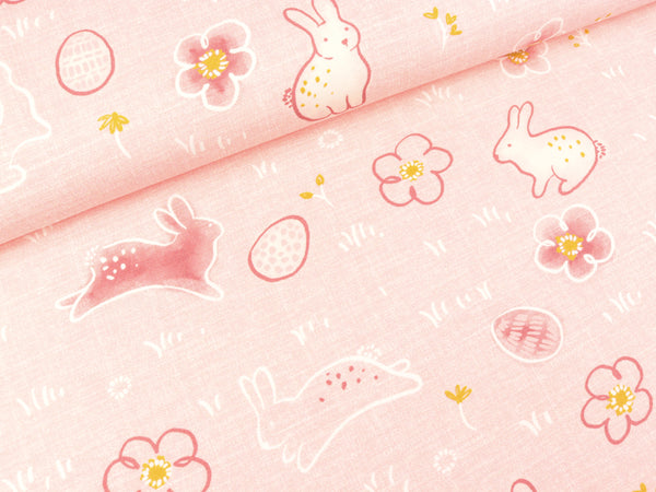 Baumwolljersey Graphic Bunny Häschen auf der Osterwiese rosa schraffiert