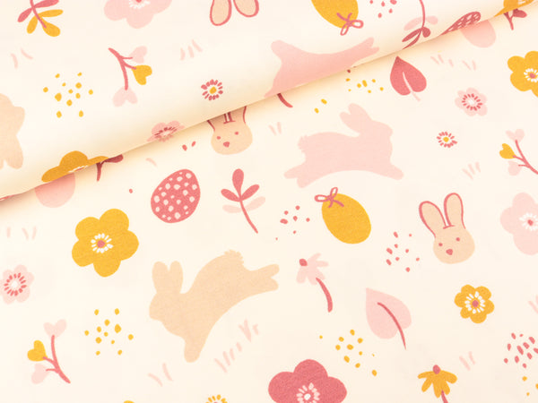 Baumwolljersey Graphic Bunny Zauberhafte Osterwiese bunt auf Zartrosa