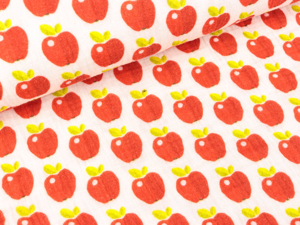 Baumwoll Double Gauze Thea Äpfel rot auf Weiß