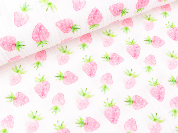 Baumwoll Double Gauze Thea Erdbeeren rosa auf Weiß