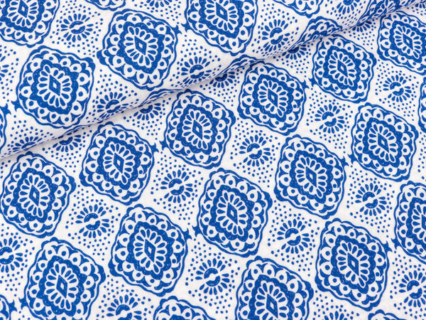 Viskose Webware Lexi Fliesenmuster weiß-royalblau FS22
