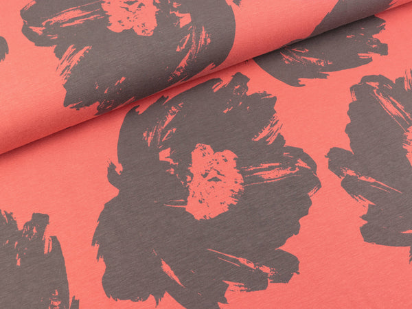 Baumwolljersey Veronika Große Blumen grau auf Koralle FS22