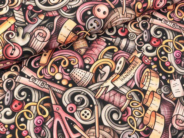 Baumwoll Webware Kim Näh-und Strickzubehör bunt auf Schwarz