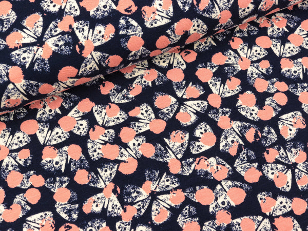Viskosejersey Selina Blüten und Punkte weiß-koralle auf Tiefblau FS22