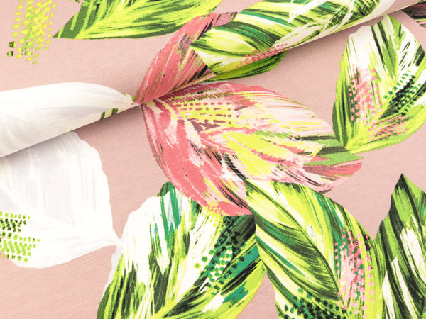 Viskosejersey Selina Große Blätter auf Altrosa FS22