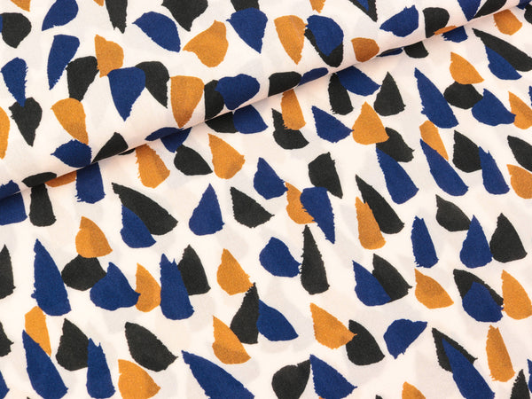 Viskose Webware Antonia Tupfen ocker-dunkelblau-schwarz auf Creme