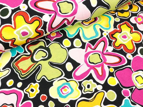 Baumwolljersey Bunte Blumen gelb-grün-orange-bunt auf Schwarz