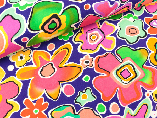Baumwolljersey Bunte Blumen pink-grün-orange-koralle-bunt auf Violett