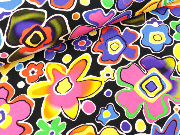Baumwolljersey Bunte Blumen blau-gelb-orange-pink-bunt auf Schwarz