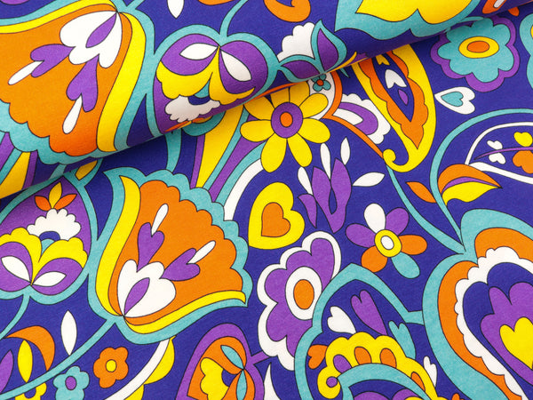 Baumwolljersey Große bunte Blumen orange-lila-gelb-smaragd-weiß auf Royalblau