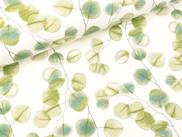 Baumwolljersey Yoga Love Eukalyptusblätter auf Naturweiß