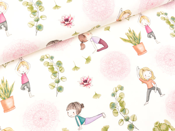 Baumwolljersey Yoga Love Yogini-Blätter-Ornamente rosa auf Naturweiß