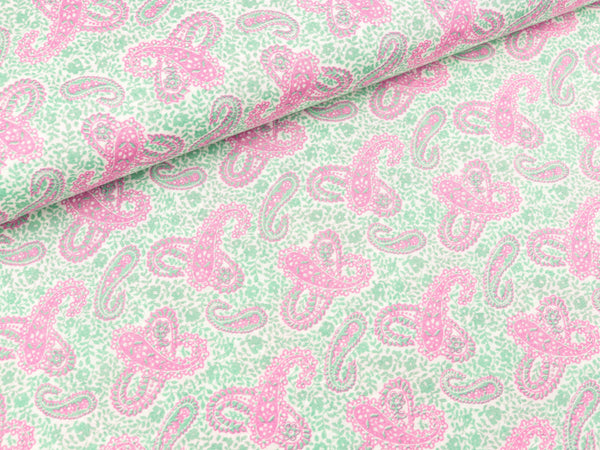 Javanaise Webware Kleines Paisleymuster pink-mint auf Weiß