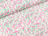 Javanaise Webware Geschwungene Blätter pink-mint-rosa auf Weiß