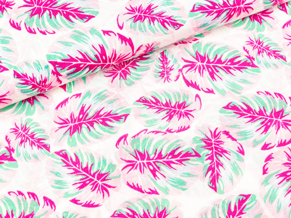 Javanaise Webware Monsterablätter pink-mint-rosa auf Weiß