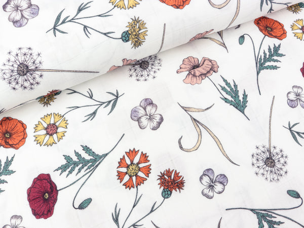 Baumwoll Musselin Double Gauze Bambino Herbs and Flowers auf Weiß Digital Print