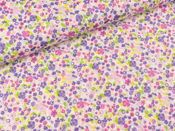 Javanaise Webware Streublümchen flieder-pink-hellgrün-rosa auf Weiß