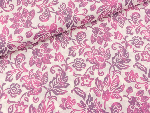 Javanaise Webware Blumenmuster lila-pink auf Weiß