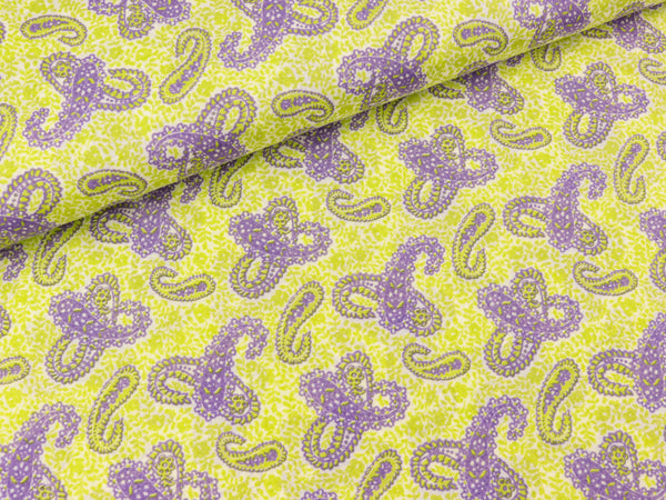 Javanaise Webware Kleines Paisleymuster hellgrün-lila auf Weiß