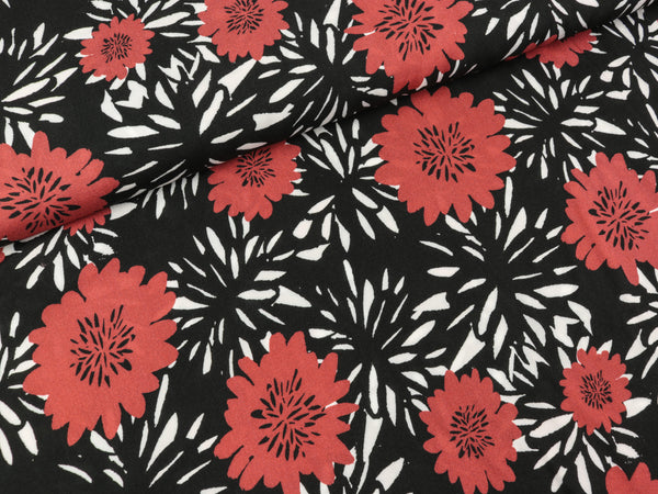 Viskose Webware Antonia Blumen ziegelrot-weiß auf Schwarz